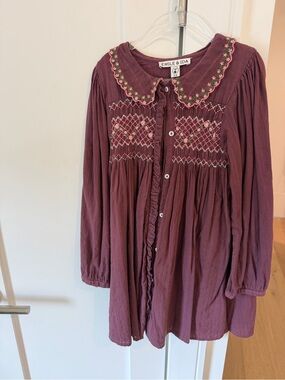 Emile et Ida Burgundy Smocked Floral Dress 8Y